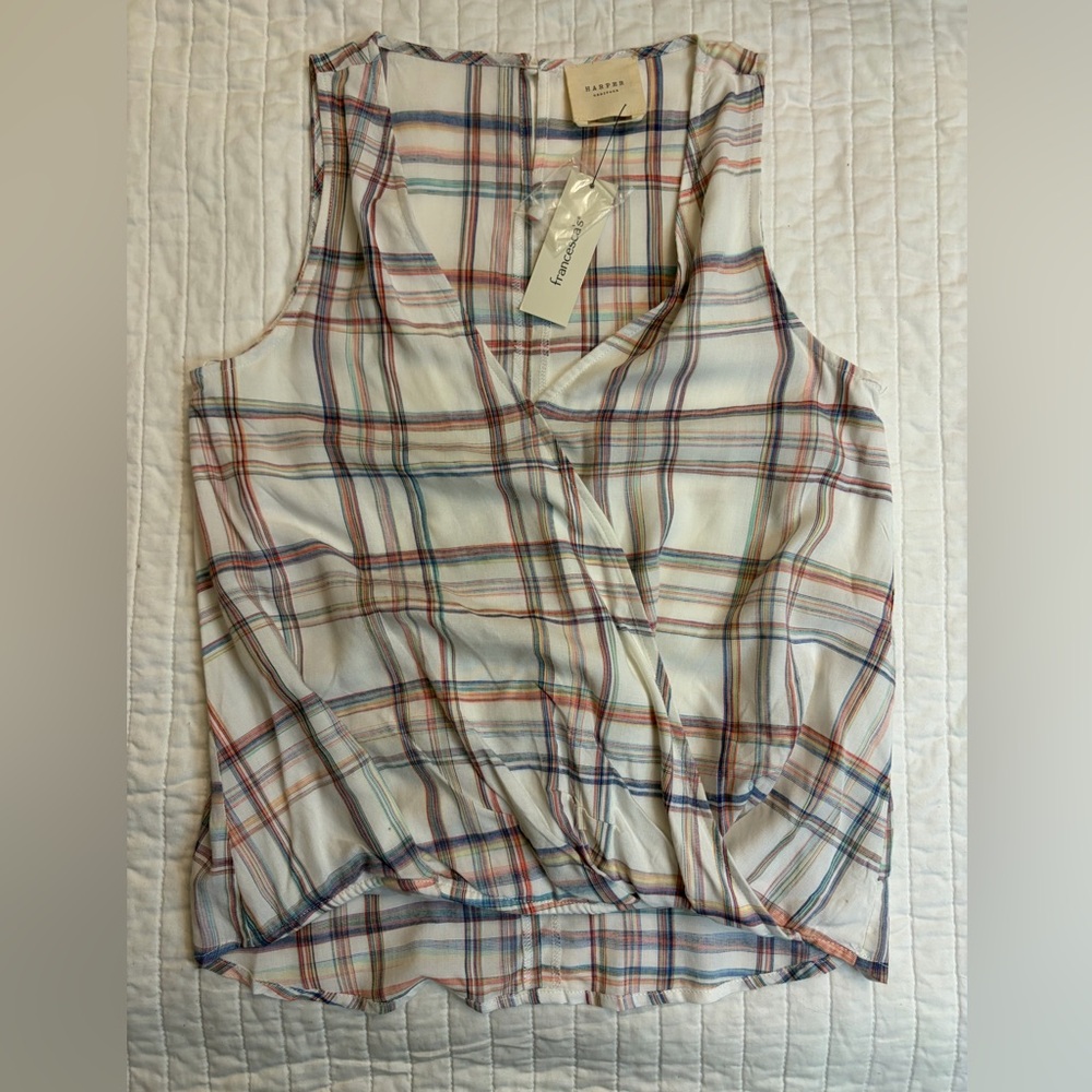 Harper Heritage faux wrap sleeveless plaid tank top blouse
